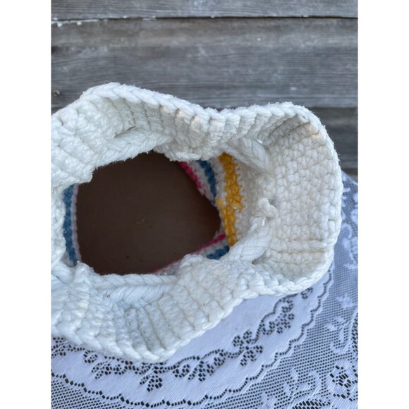 Vintage 1970s Cotton Crochet Pastel Stripe Drawstring Bag Purse - Picture 3 of 13